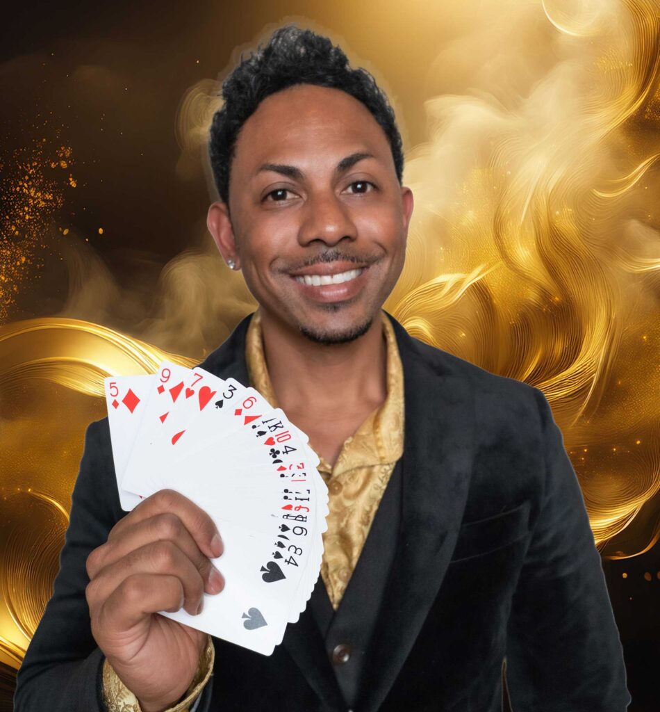 Chris Workman fanning playing cards in front of gold smoke